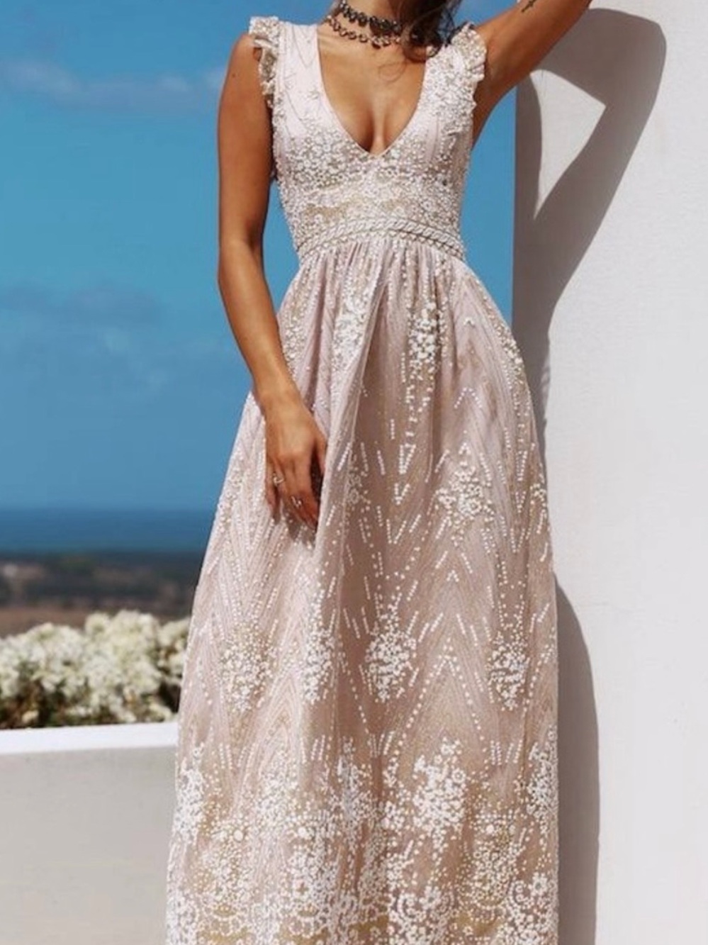 Hello Molly Champagne Sequence  Beaded V-Neck Maxi Dress